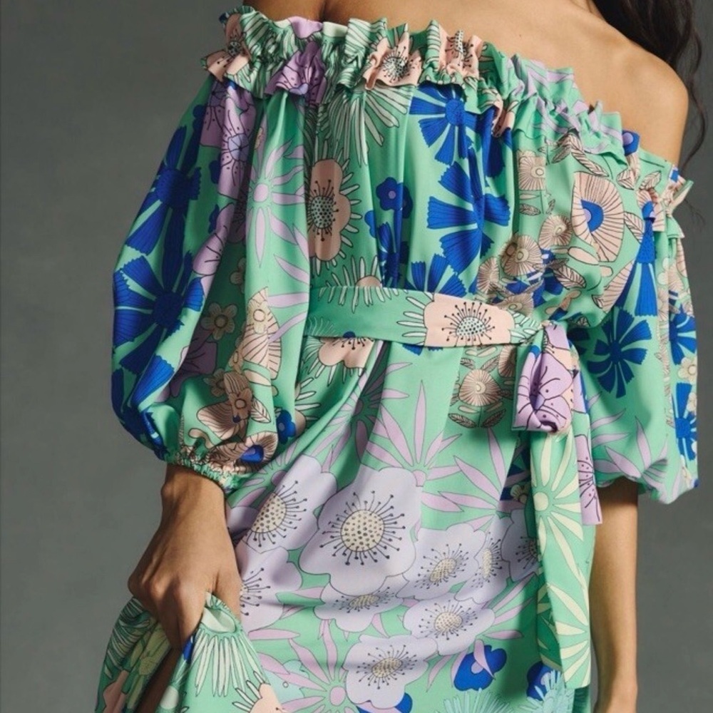 Anthropologie Mint Floral One-Shoulder Belted Midi Dress